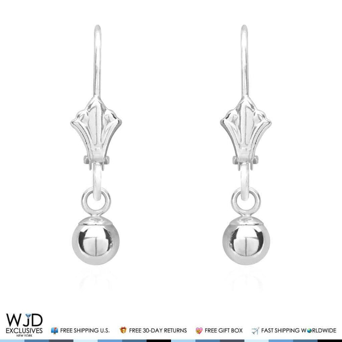 14K White Gold 5mm Ball Lever Back Dangle Drop Earrings
