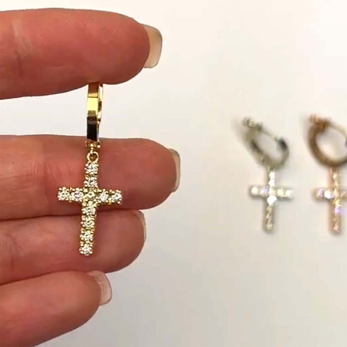 0.35CTW Natural Diamond 14K Gold Dangling Cross Hoop Earring 30mm - WJD Exclusives
