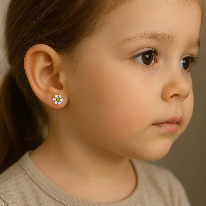 14k Gold CZ & Peridot Flower Cluster Screw Back Stud Earrings