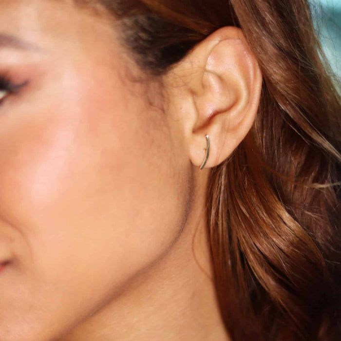 14K Yellow Gold White Modern Curved Line Ear Climber Stud Earrings - WJD Exclusives