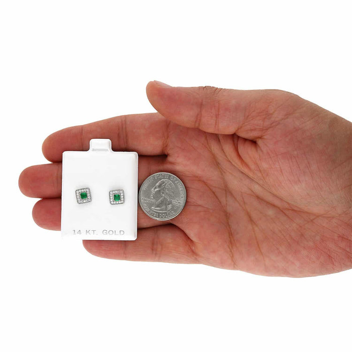 14K White Gold Square Color Gemstone Screw Back Halo Stud Earrings