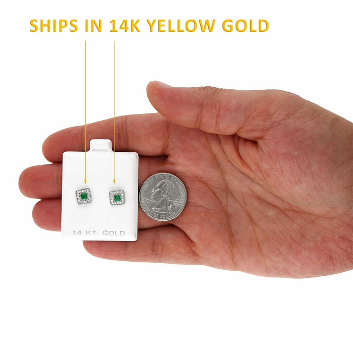 14K Yellow Gold Square Color Gemstone Screw Back Halo Stud Earrings