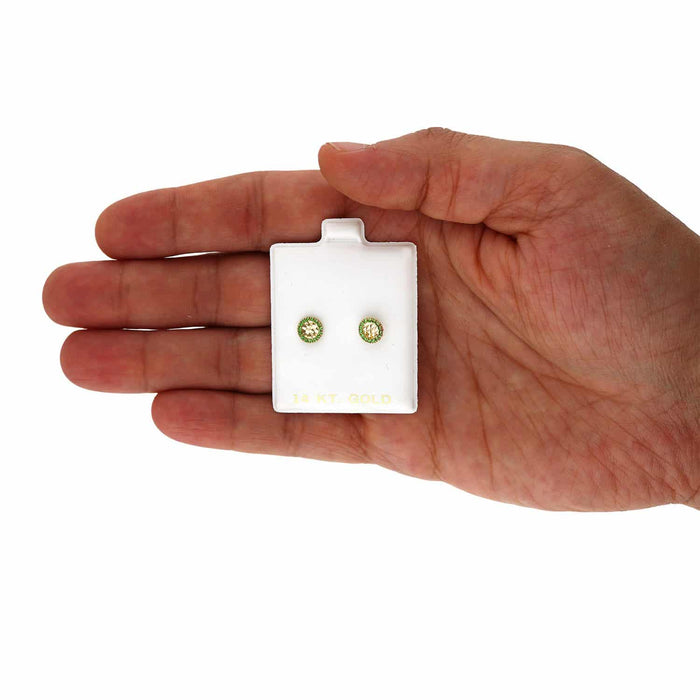 14K Yellow Gold Diamond-Cut Gemstone Round Halo 7mm Screw Back Stud Earrings