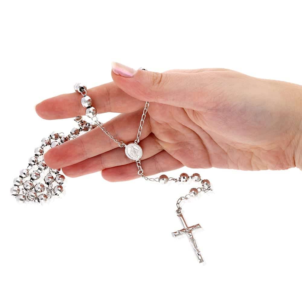 Sterling Silver 7mm Diamond-Cut Rosary Cross Necklace (Solid Links) 26"