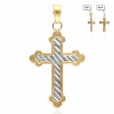 10k Yellow & White Gold Diamond-Cut Textured Cross Pendant 1"