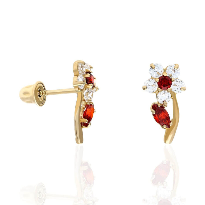 14K Yellow Gold Birthstone Flower Plant Screw Back Stud Earrings