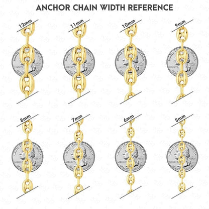 14k Yellow Gold 8.7mm Puffed Anchor Mariner Chain Necklace 22"-36" Lobster Clasp