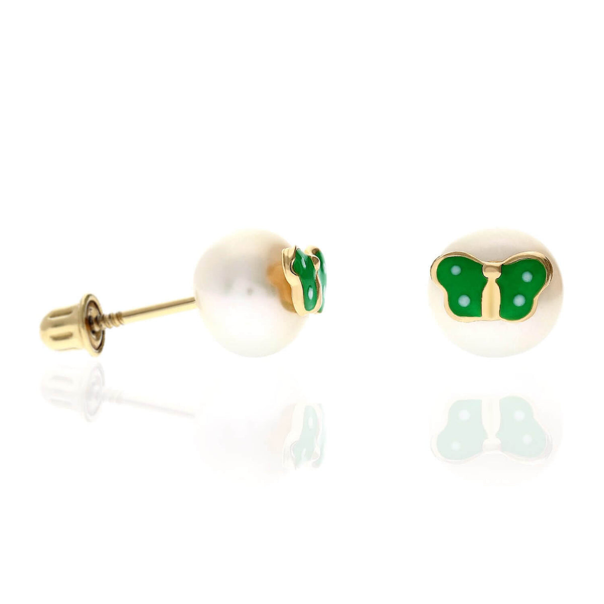 Kids 14K Yellow Gold Enameled Butterfly On White Pearl Screw Back Stud Earrings