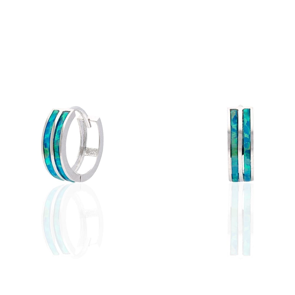 925 Sterling Silver 2-Stripe Fire Opal Huggie Hoop Earrings 0.5"