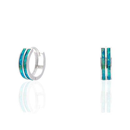 925 Sterling Silver 2-Stripe Fire Opal Huggie Hoop Earrings 0.5"