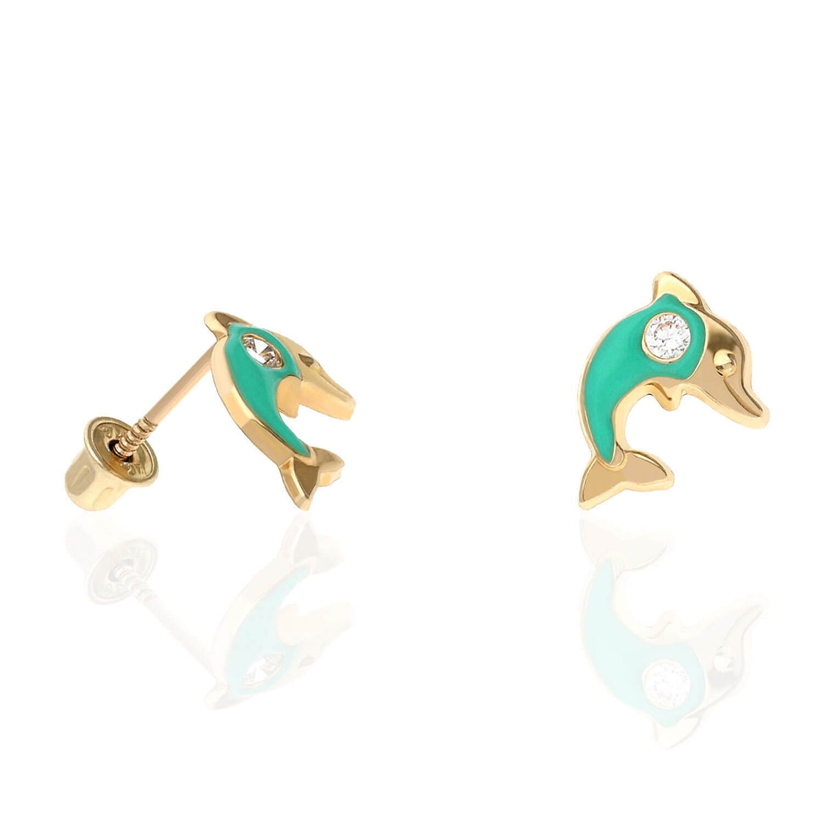 Kids 14K Yellow Gold CZ Enamel Dolphin Screw Back Stud Earrings