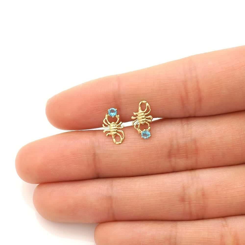 14K Yellow Gold Round Simulated Birthstone Scorpion Screw Back Stud Earrings