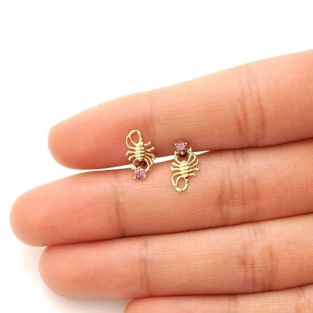 14K Yellow Gold Round Simulated Birthstone Scorpion Screw Back Stud Earrings