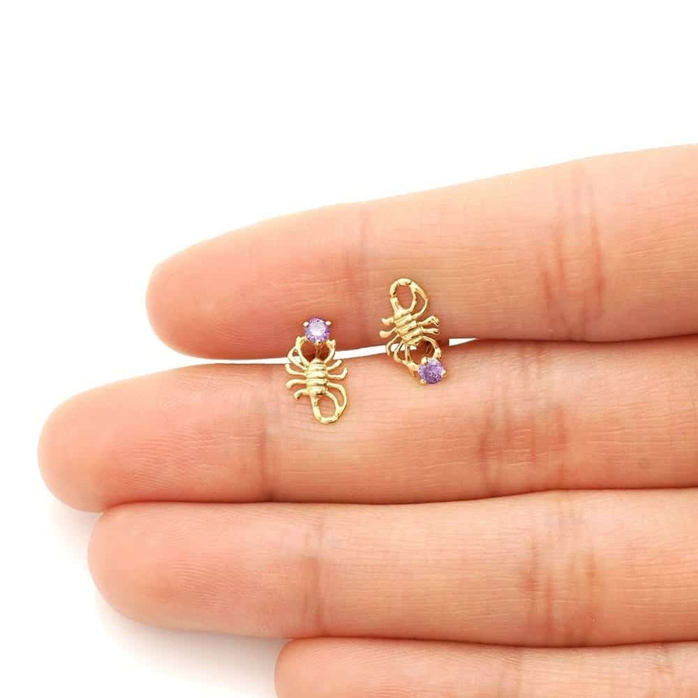 14K Yellow Gold Round Simulated Birthstone Scorpion Screw Back Stud Earrings