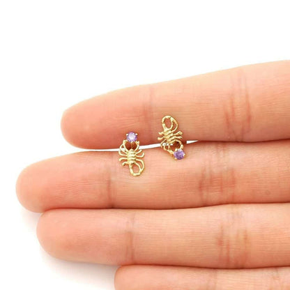 14K Yellow Gold Round Simulated Birthstone Scorpion Screw Back Stud Earrings