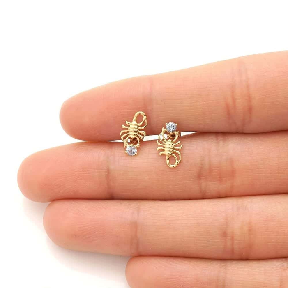 14K Yellow Gold Round Simulated Birthstone Scorpion Screw Back Stud Earrings