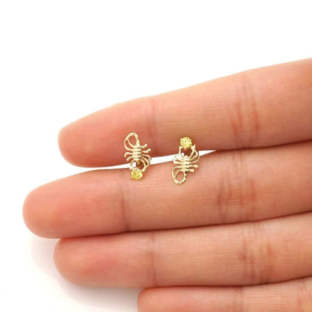 14K Yellow Gold Round Simulated Birthstone Scorpion Screw Back Stud Earrings