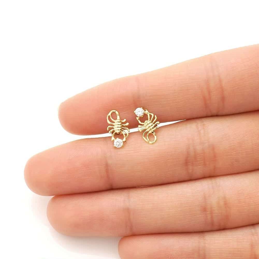 14K Yellow Gold Round Simulated Birthstone Scorpion Screw Back Stud Earrings