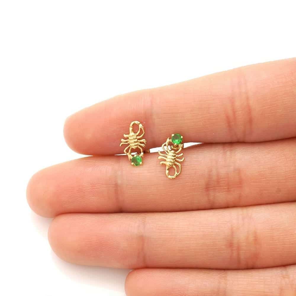 14K Yellow Gold Round Simulated Birthstone Scorpion Screw Back Stud Earrings