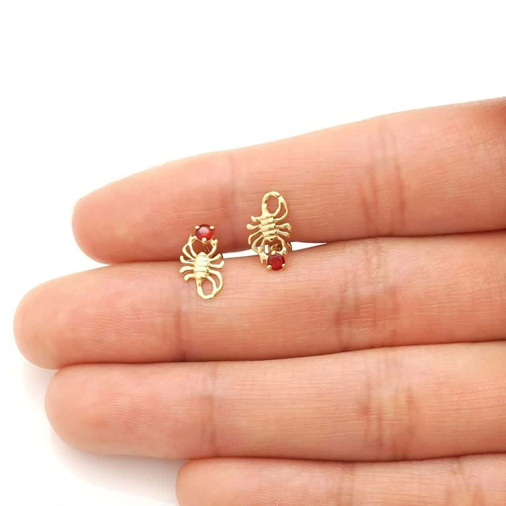 14K Yellow Gold Round Simulated Birthstone Scorpion Screw Back Stud Earrings