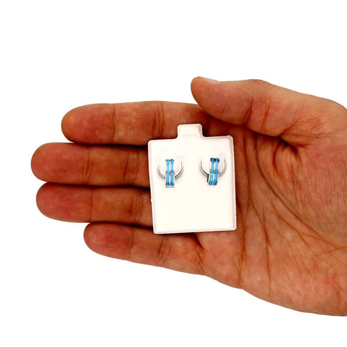 925 Sterling Silver 2-Stripe Fire Opal Huggie Hoop Earrings 0.5"