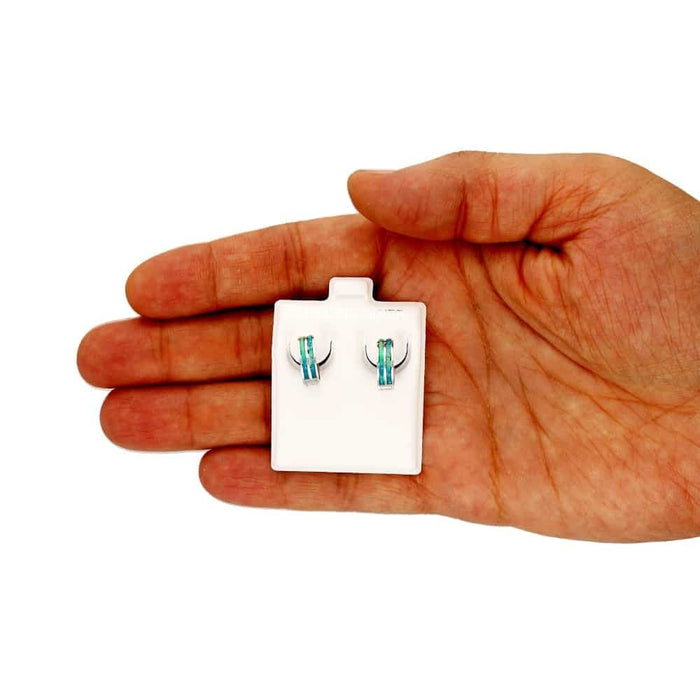 925 Sterling Silver 2-Stripe Fire Opal Huggie Hoop Earrings 0.5"