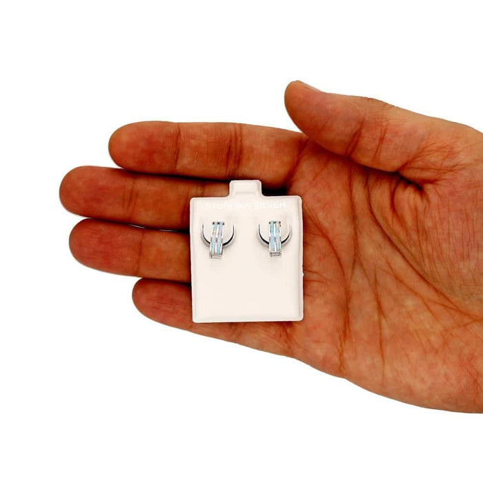 925 Sterling Silver 2-Stripe Fire Opal Huggie Hoop Earrings 0.5"