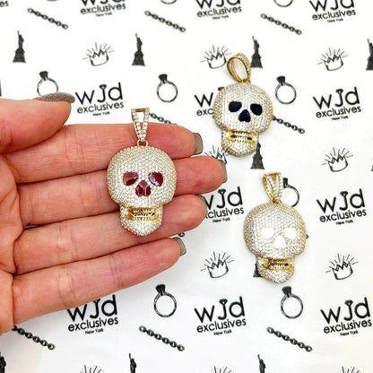 14K Yellow Gold CZ Pave Iced Out Classic Skull Charm Pendant 1.6"