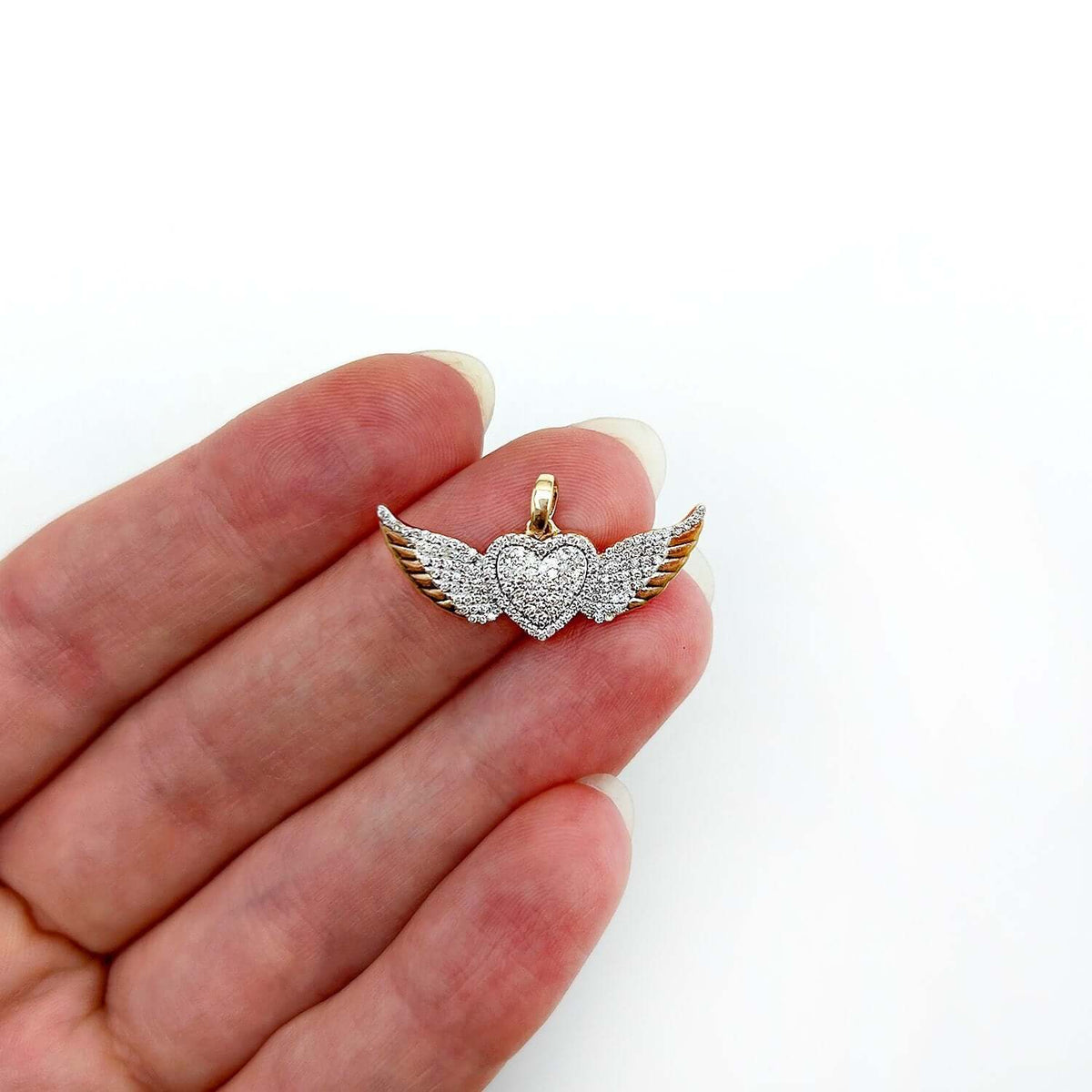 0.41CTW Natural Diamond 10K Gold Yellow White Heart Wings Pendant 0.7" - WJD Exclusives
