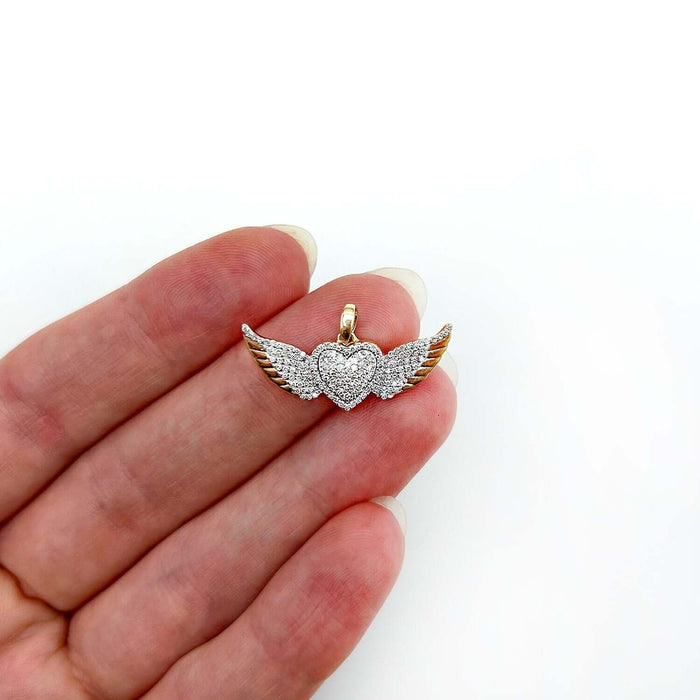 0.41CTW Natural Diamond 10K Gold Yellow White Heart Wings Pendant 0.7" - WJD Exclusives
