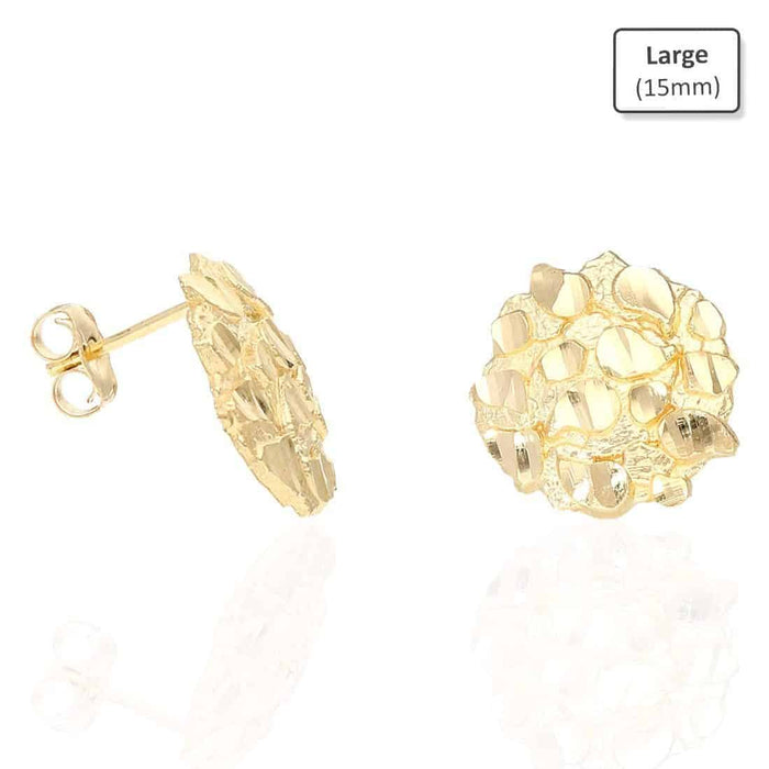 10K Gold Round Nugget Push Back Stud Earrings 8mm, 10mm, 15mm