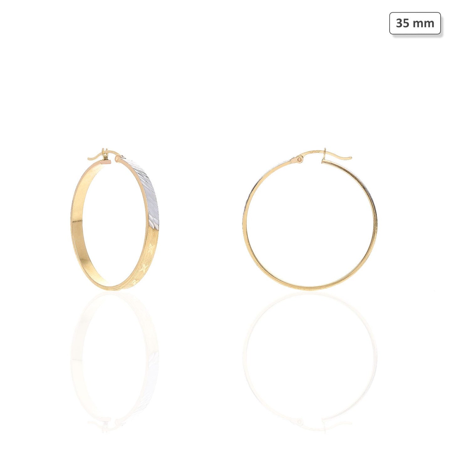 14K Two Tone Yellow White Gold Flat Tube Diamond Cut Hoop Earrings 31mm - 41mm