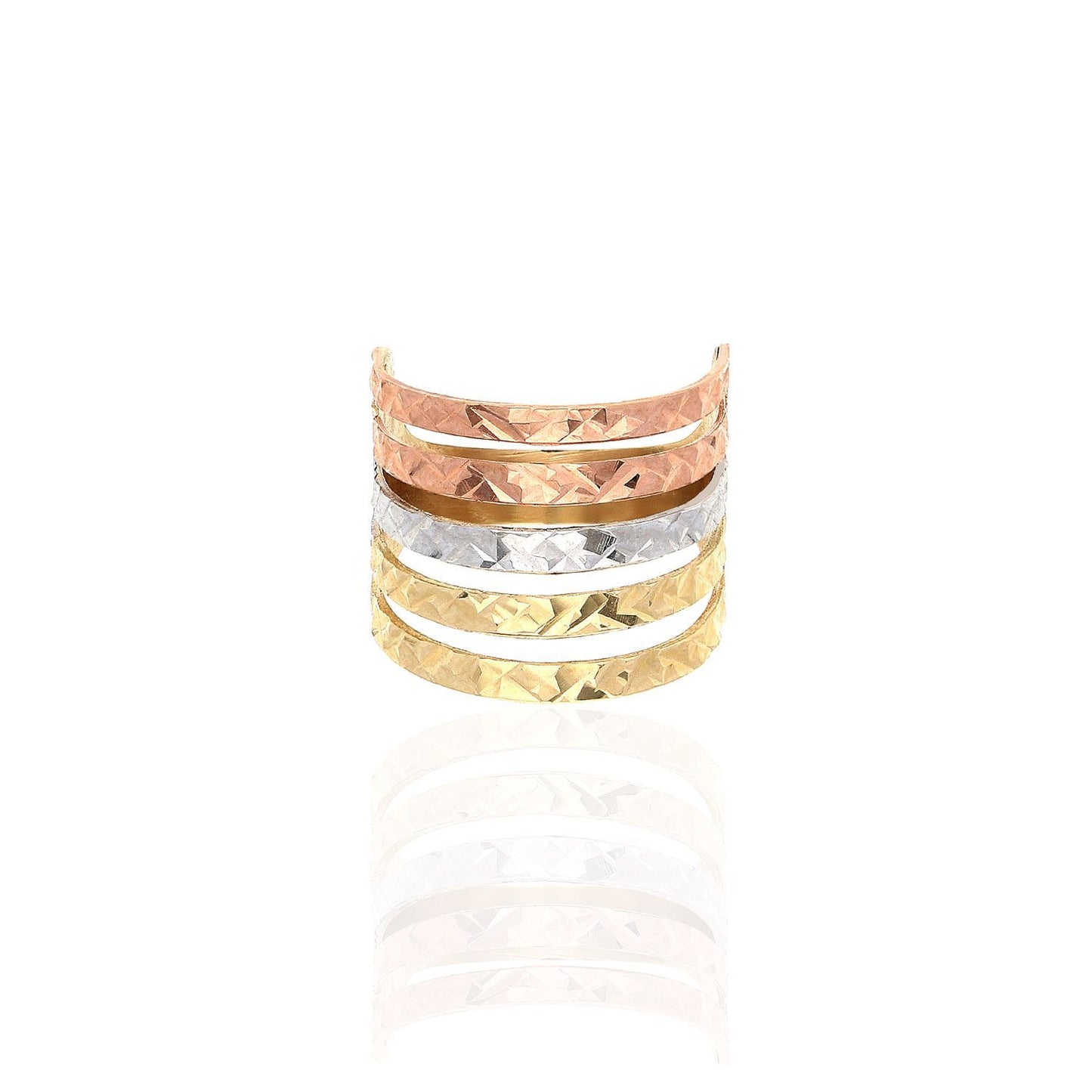 14K Real Gold Tri Color Yellow Rose White Diamond Cut Semanario Style Band Ring