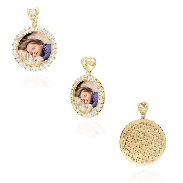 10K Yellow Gold CZ Gated Back Picture Memory Medallion Pendant