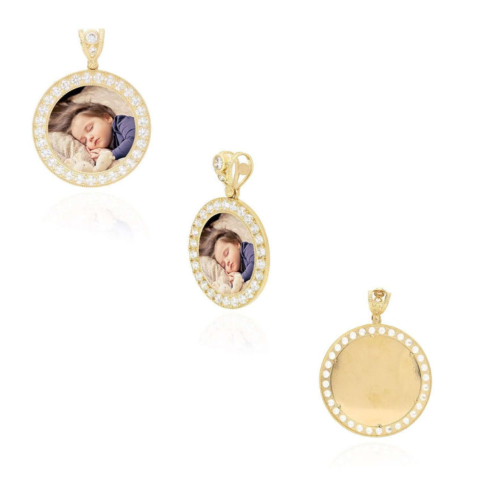 14K Yellow Gold CZ Picture Memory Frame Medallion Pendant 24-50mm