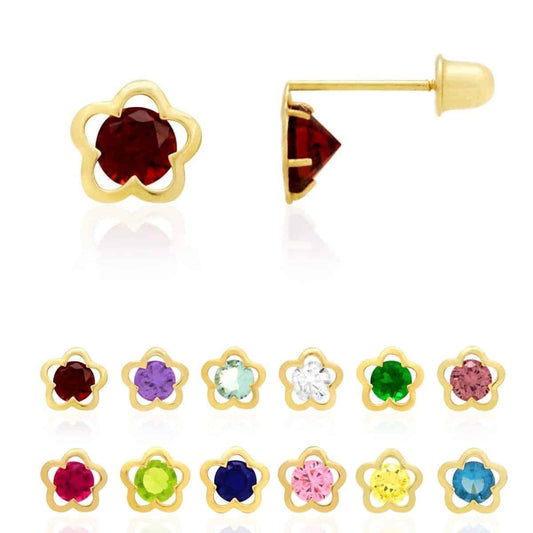 14k Yellow Gold Solitaire Simulated Birthstone Flower Screw Back Stud Earrings