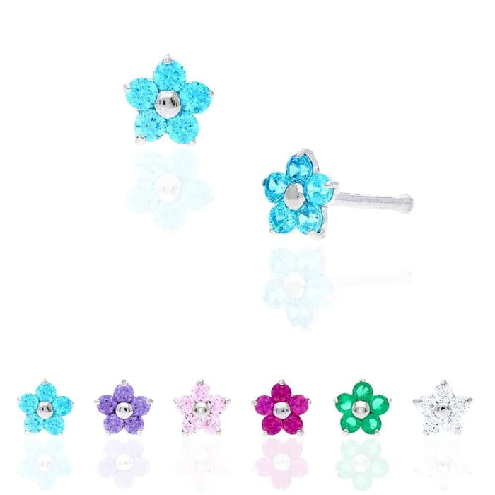 14K White Gold Birthstone Flower Bone Stud 20G Nose Ring