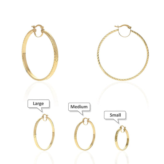 14K Yellow Gold Flat Tube Diamond Cut Hoop Earrings 35mm 46mm 51mm