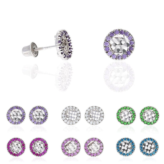 14K White Gold Diamond Cut Gemstone Round Halo 7mm Screw Back Stud Earrings