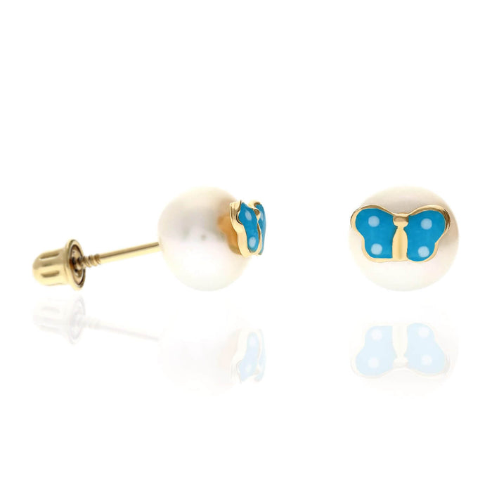 Kids 14K Yellow Gold Enameled Butterfly On White Pearl Screw Back Stud Earrings