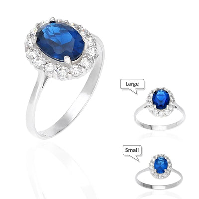 14k Gold White Oval Blue Round CZ Engagement Halo Ring