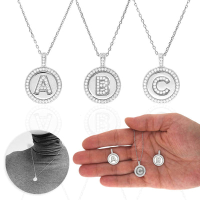 Sterling Silver Initial CZ Disk Medallion Pendant with 18" Chain