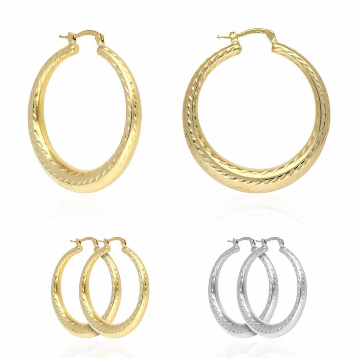 Yellow White Gold Tone 925 Sterling Silver Diamond-Cut Chunky Hoop Earrings 39mm