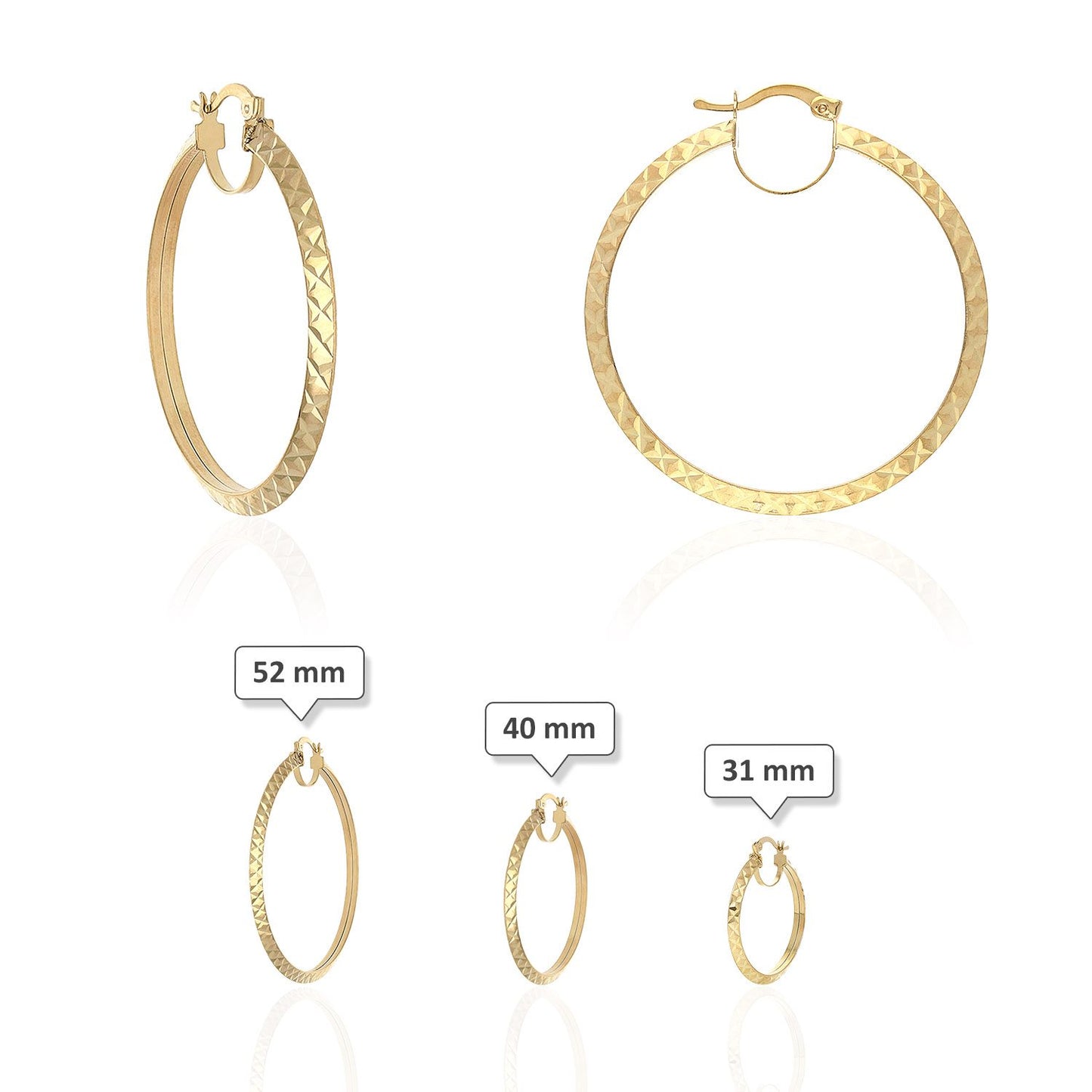 14K Yellow Gold Sparkly Faceted Diamond Cut Triangle Tube Hoop Earrings 31-52 mm