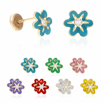Kids 14K Gold Enamel Flower CZ Screw Back Baby Stud Earrings 7mm