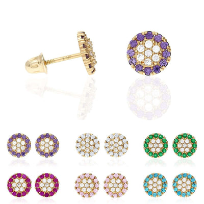 14K Gold Halo Round Cluster Screw Back CZ Birthstone Stud Earrings