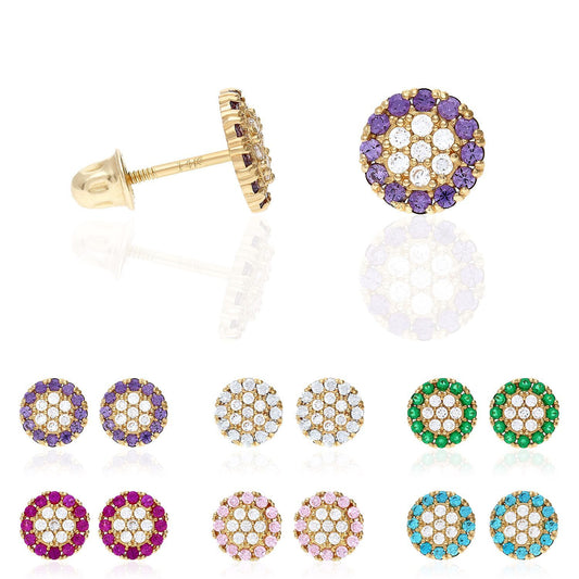 14K Real Gold Halo Round Cluster Screw Back CZ Birthstone Stud Earrings