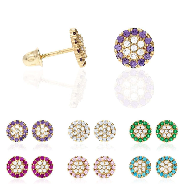 14K Gold Halo Round Cluster Screw Back CZ Birthstone Stud Earrings