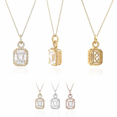14K Gold 4.50CTW Emerald-Cut CZ Halo Pendant Chain Necklace 18"