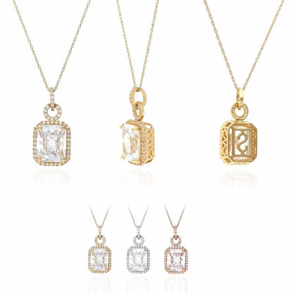 14K Gold 4.50CTW Emerald Cut CZ Halo Pendant Chain Necklace 18"